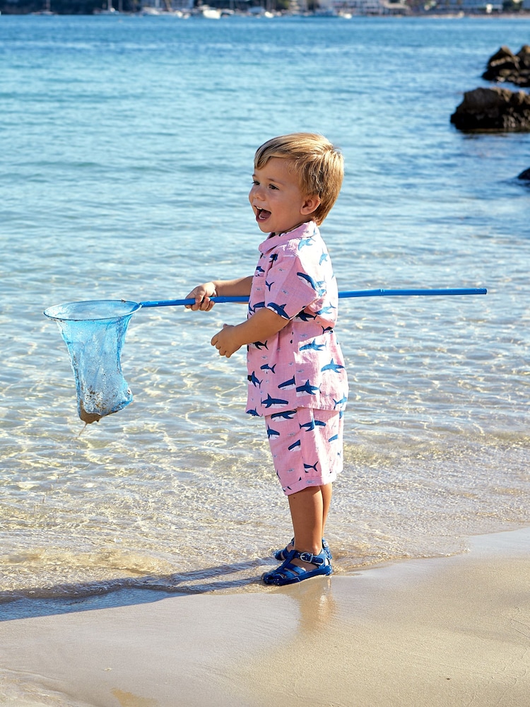 JoJo Maman Bébé Coral 2-Piece Shark Cotton Linen Shirt & Shorts Set - Image 2 of 6