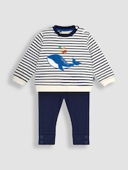 JoJo Maman Bébé Ecru Navy Stripe Whale Appliqué Jersey Sweatshirt & Leggings Set - Image 1 of 4