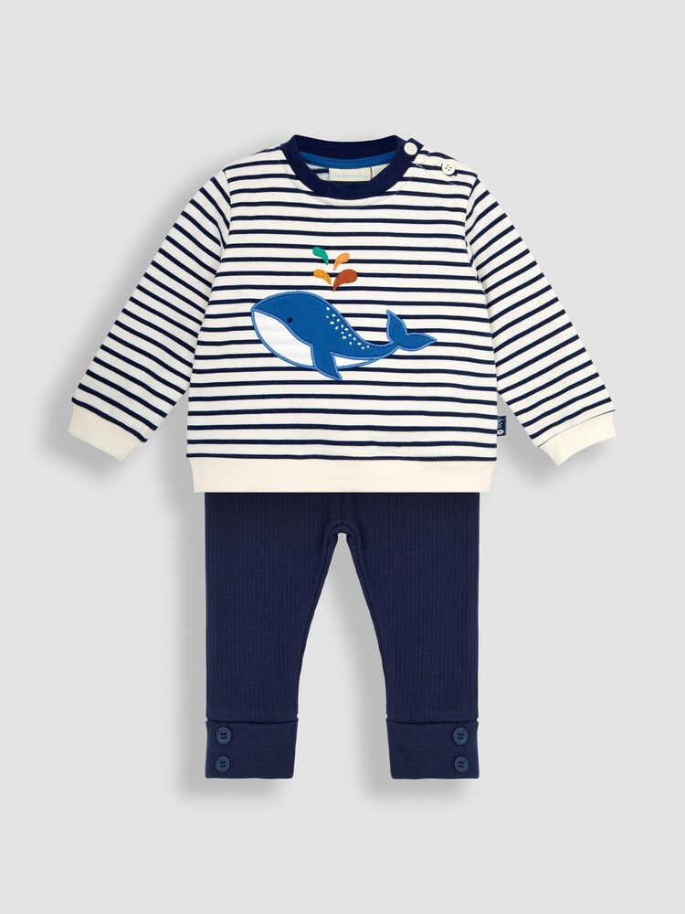 JoJo Maman Bébé Ecru Navy Stripe Whale Appliqué Jersey Sweatshirt & Leggings Set - Image 1 of 4