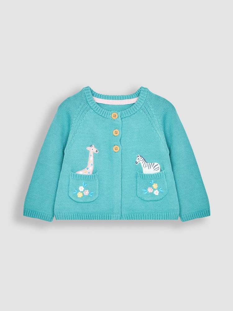 JoJo Maman Bébé Duck Egg Blue Safari Animals Appliqué Cardigan - Image 1 of 3