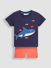 JoJo Maman Bébé Navy Blue Shark Appliqué T-Shirt and Shorts Set - Image 1 of 4