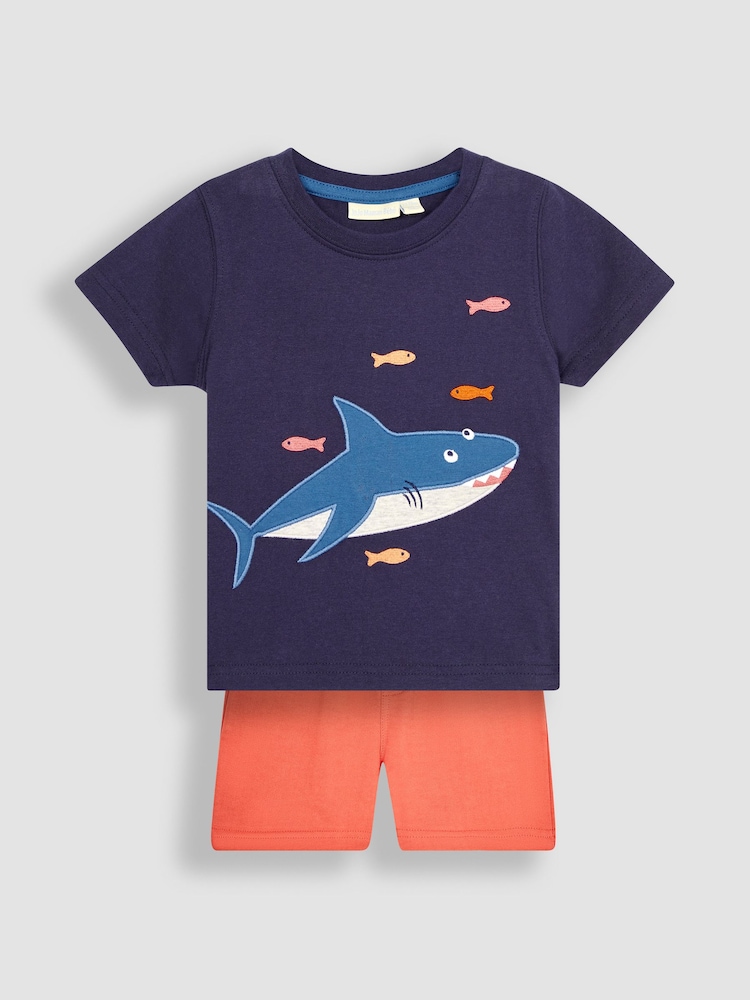 JoJo Maman Bébé Navy Blue Shark Appliqué T-Shirt and Shorts Set - Image 1 of 4