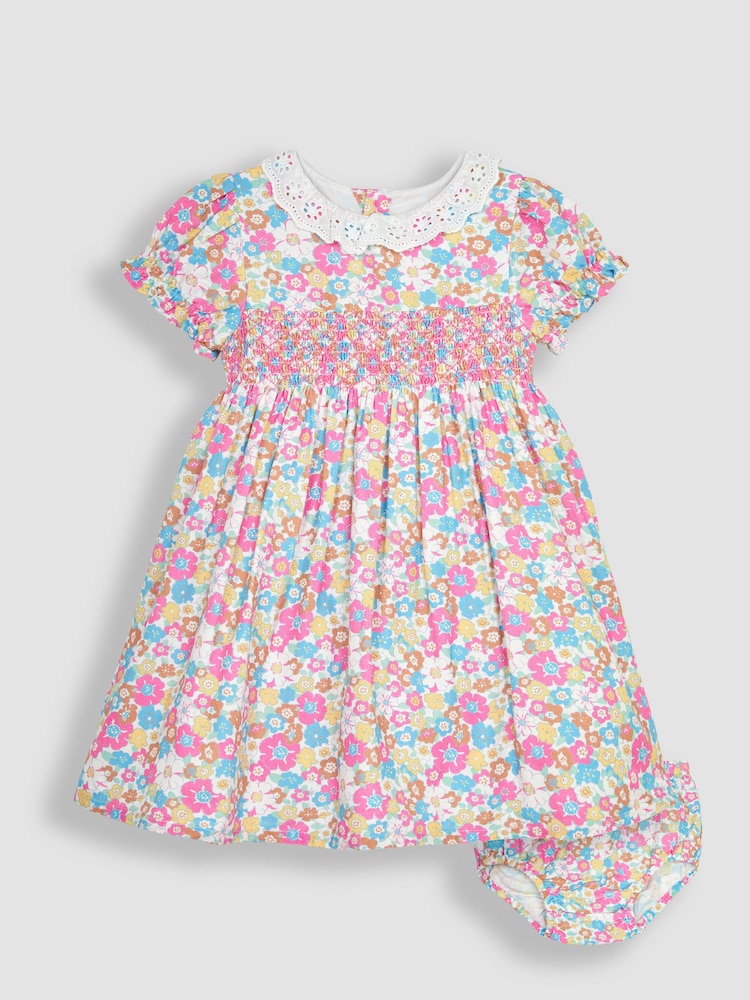 JoJo Maman Bébé White Summer Floral Frill Collar Party Dress - Image 1 of 5
