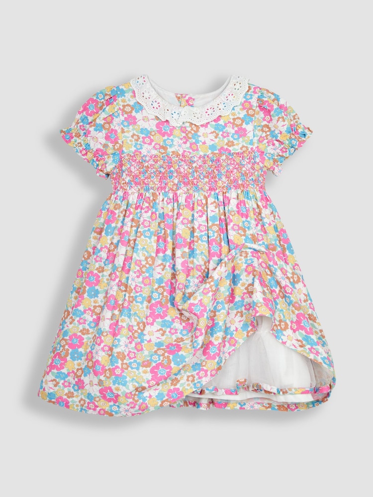 JoJo Maman Bébé White Summer Floral Frill Collar Party Dress - Image 2 of 5