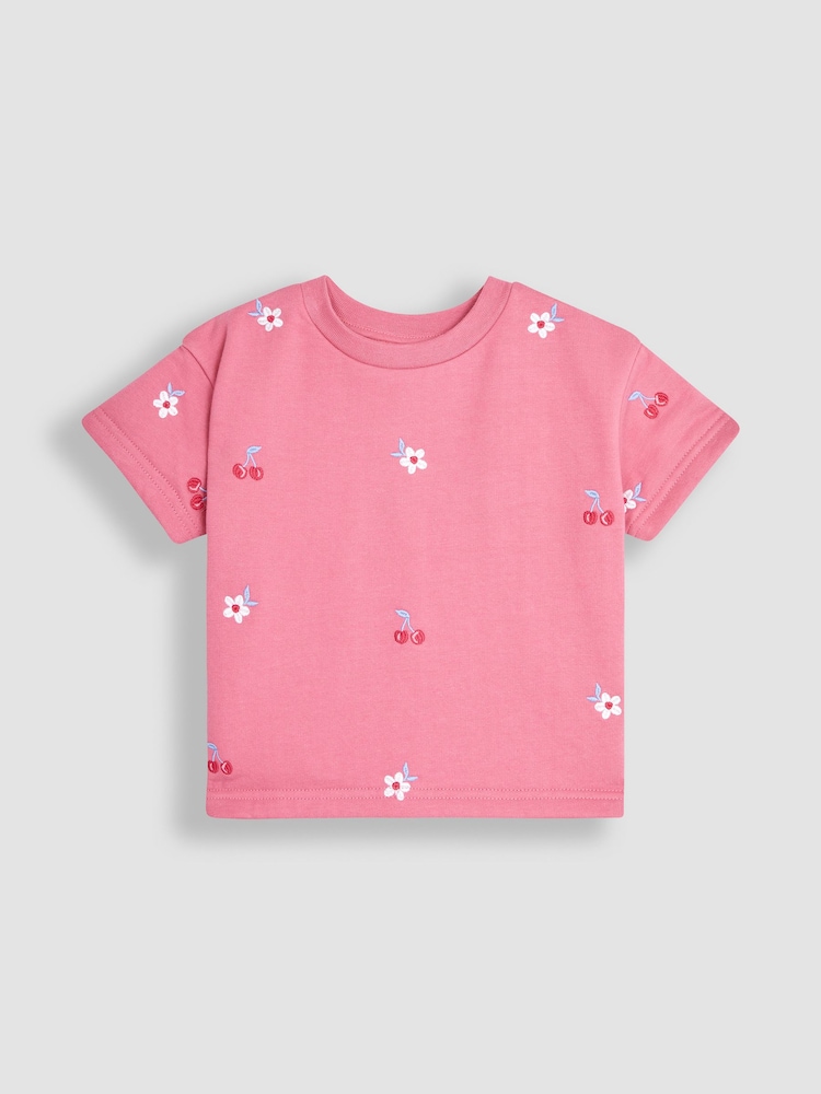 JoJo Maman Bébé Pink 2-Piece Cherry Embroidered T-Shirt & Shorts Set - Image 2 of 4