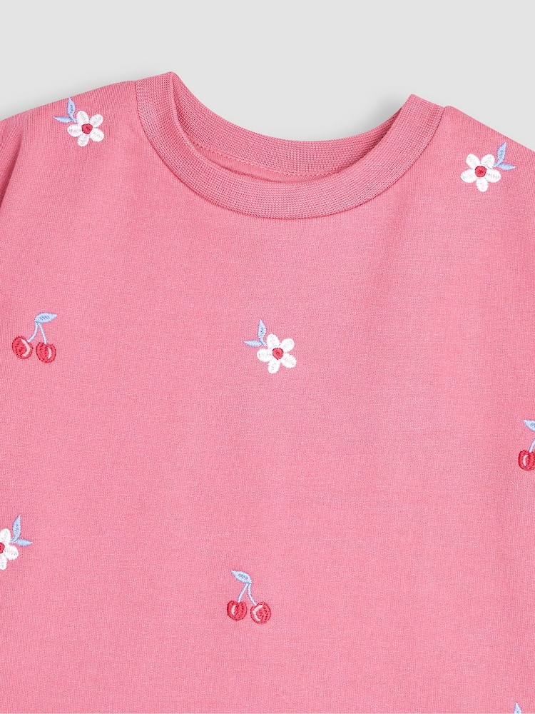 JoJo Maman Bébé Pink 2-Piece Cherry Embroidered T-Shirt & Shorts Set - Image 4 of 4