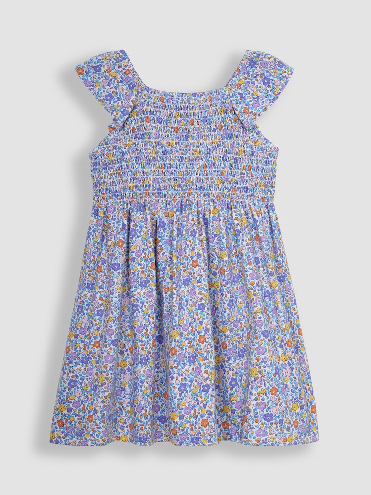 JoJo Maman Bébé Lilac Ditsy Floral Ruffle Shoulder Smocked Jersey Dress - Image 1 of 3