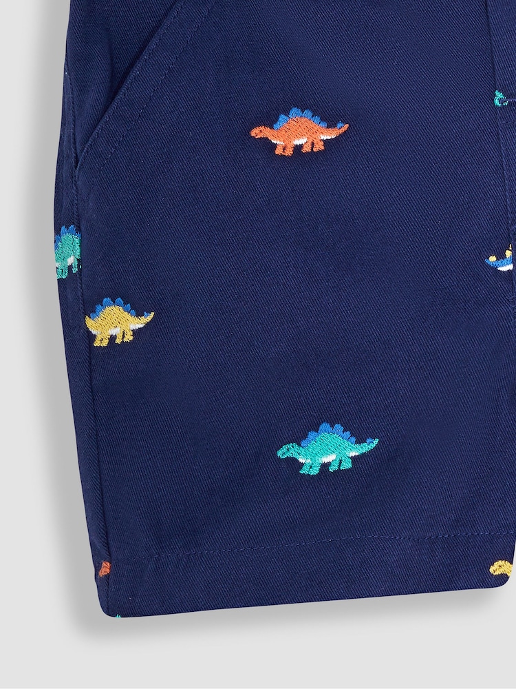 JoJo Maman Bébé Navy Blue Stegosaurus Embroidered Twill Shorts - Image 3 of 3
