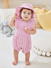JoJo Maman Bébé Pink 2-Piece Floral Cheesecloth Bubble Romper & Hat Set - Image 1 of 7