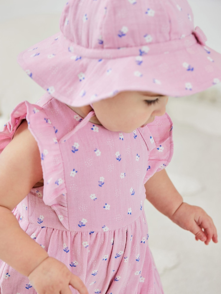 JoJo Maman Bébé Pink 2-Piece Floral Cheesecloth Bubble Romper & Hat Set - Image 2 of 7