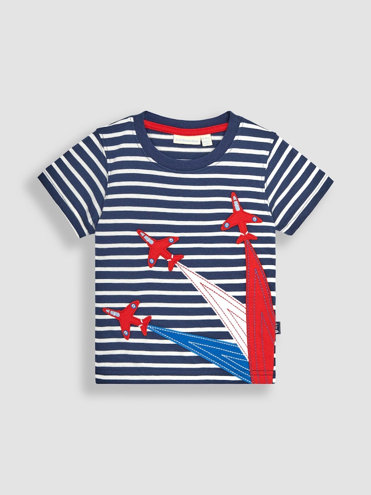 JoJo Maman Bébé Navy Ecru Stripe Red Arrows Appliqué T-Shirt - Image 1 of 4