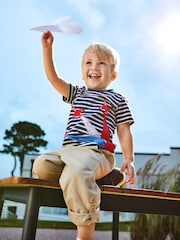 JoJo Maman Bébé Navy Ecru Stripe Red Arrows Appliqué T-Shirt - Image 4 of 4