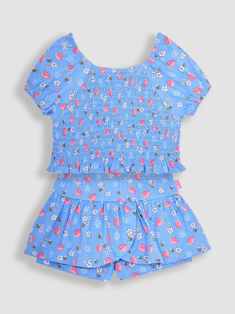 JoJo Maman Bébé Blue 2-Piece Strawberry & Bee Smocked Top & Skort Set - Image 1 of 4