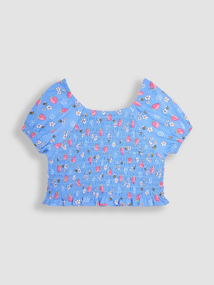 JoJo Maman Bébé Blue 2-Piece Strawberry & Bee Smocked Top & Skort Set - Image 2 of 4