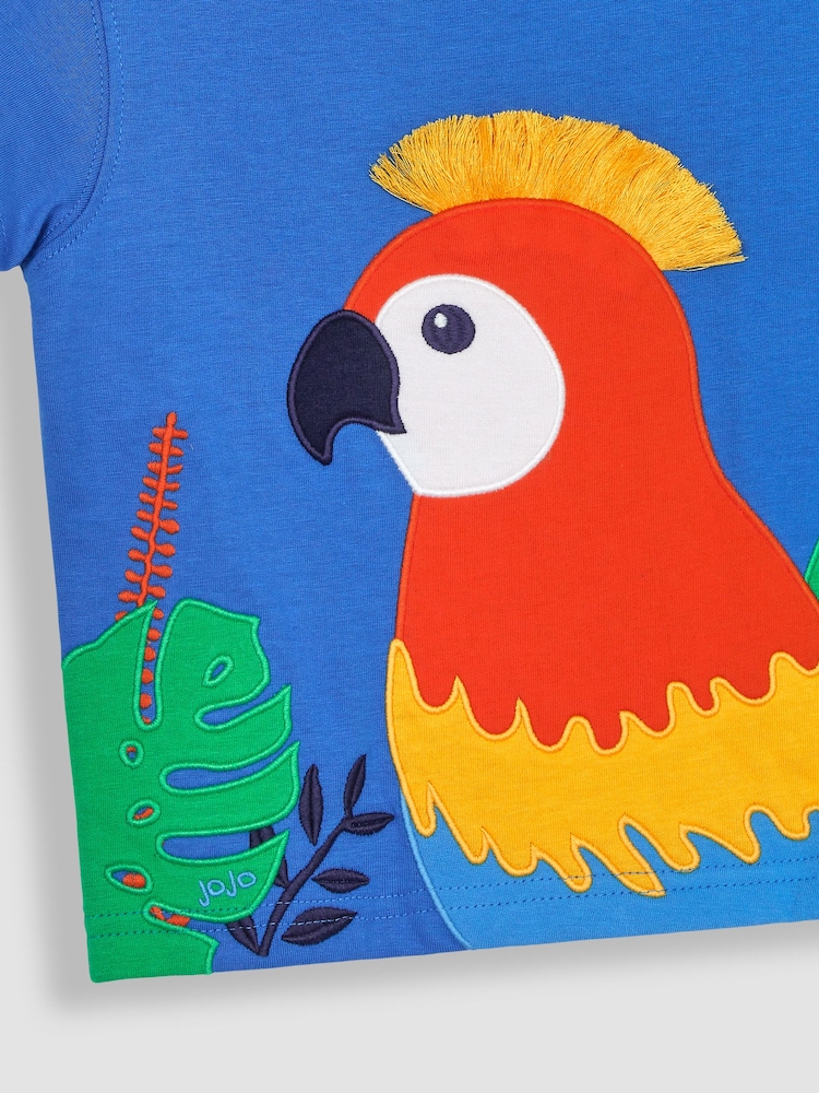 JoJo Maman Bébé Cobalt Tropical Bird Interactive Appliqué T-Shirt - Image 3 of 3
