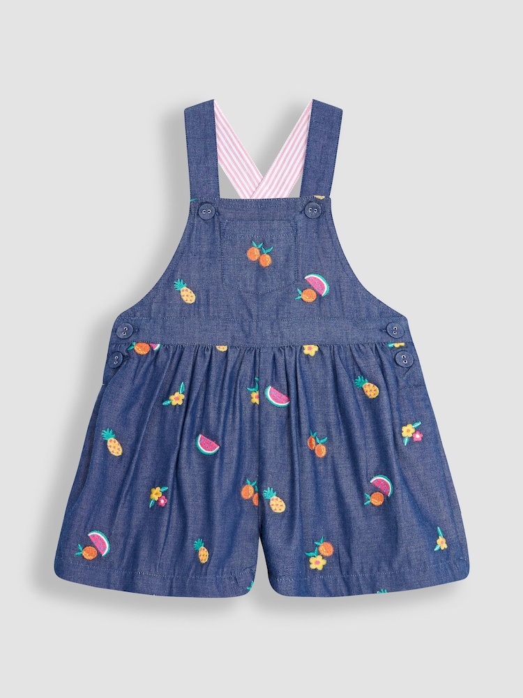 JoJo Maman Bébé Chambray Summer Fruits Embroidered Culotte Dungarees - Image 1 of 3