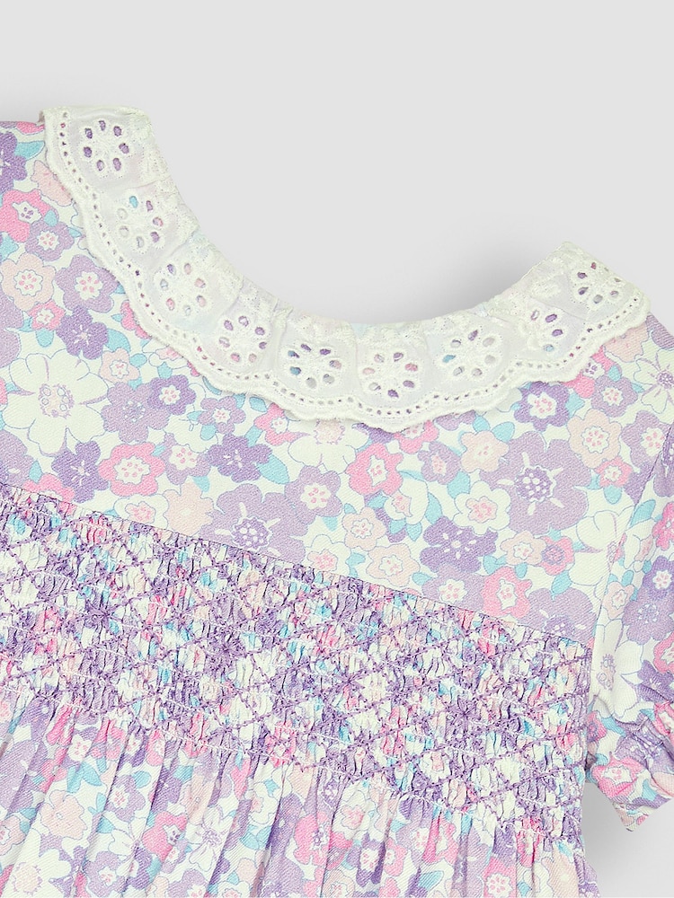 JoJo Maman Bébé Lilac Purple Hedgerow Floral Broderie Collar Party Dress - Image 5 of 5