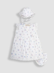 JoJo Maman Bébé Cream 2-Piece Floral Cheesecloth Wrap Dress & Hat Set - Image 1 of 4