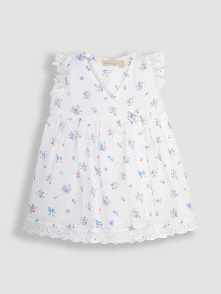 JoJo Maman Bébé Cream 2-Piece Floral Cheesecloth Wrap Dress & Hat Set - Image 2 of 4