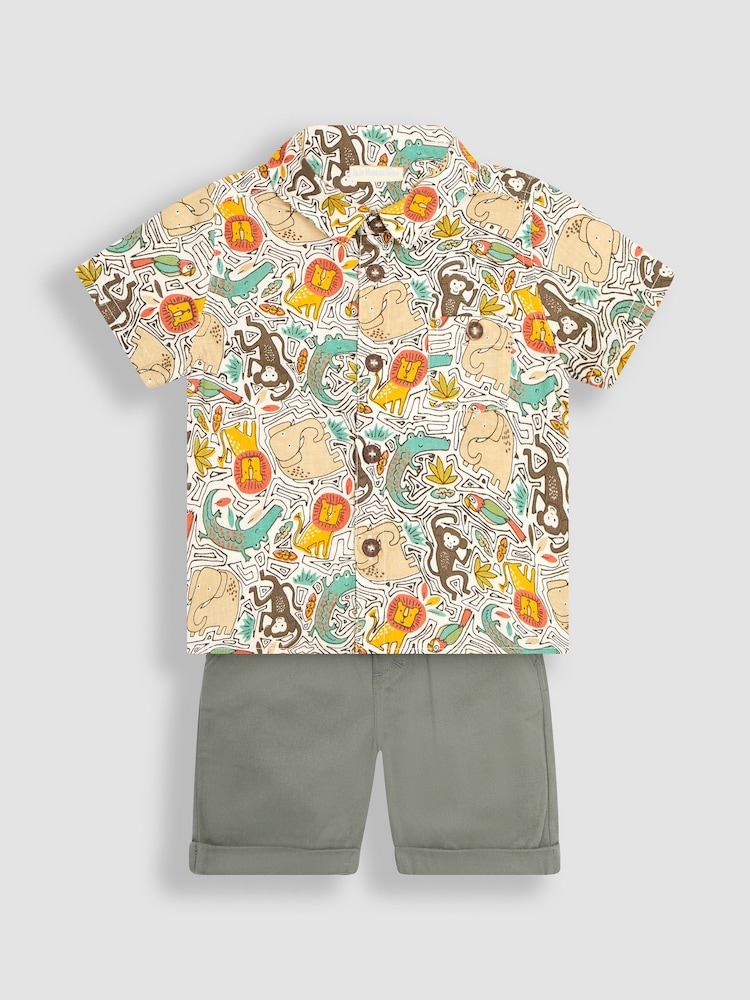 JoJo Maman Bébé Khaki Green Jungle Animals Printed Shirt & Shorts Set - Image 1 of 5