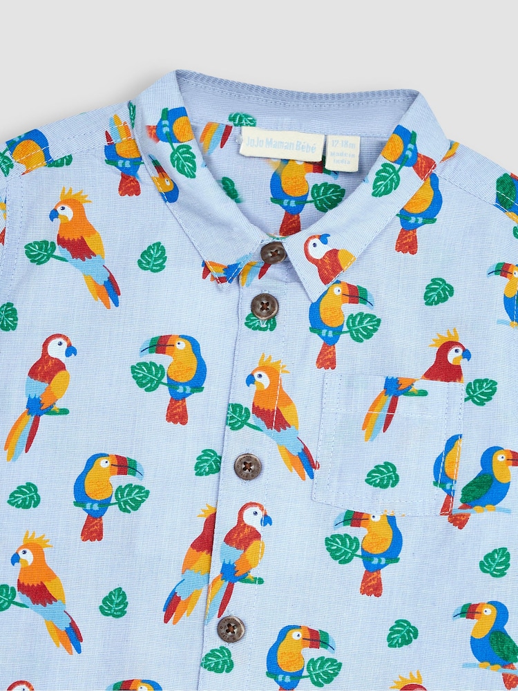 JoJo Maman Bébé Blue Tropical Bird Printed Shirt & Shorts Set - Image 4 of 4