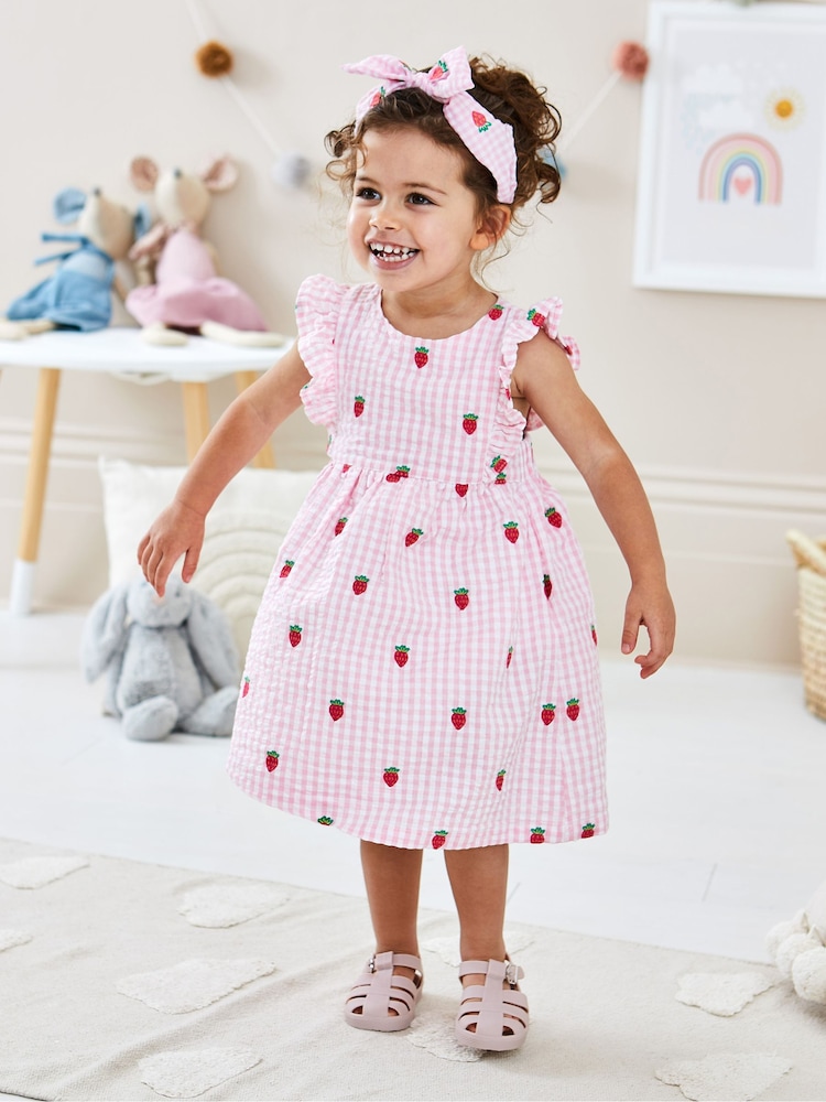 JoJo Maman Bébé Pink Strawberry Embroidered Gingham Pretty Summer Dress - Image 1 of 4