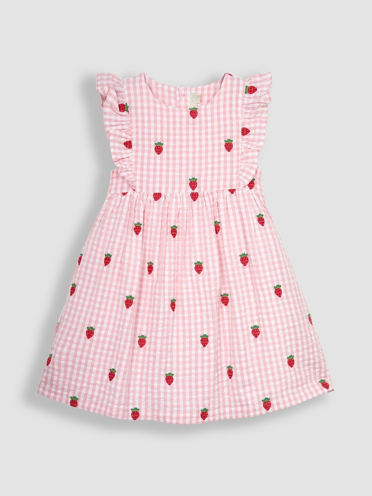 JoJo Maman Bébé Pink Strawberry Embroidered Gingham Pretty Summer Dress - Image 2 of 4