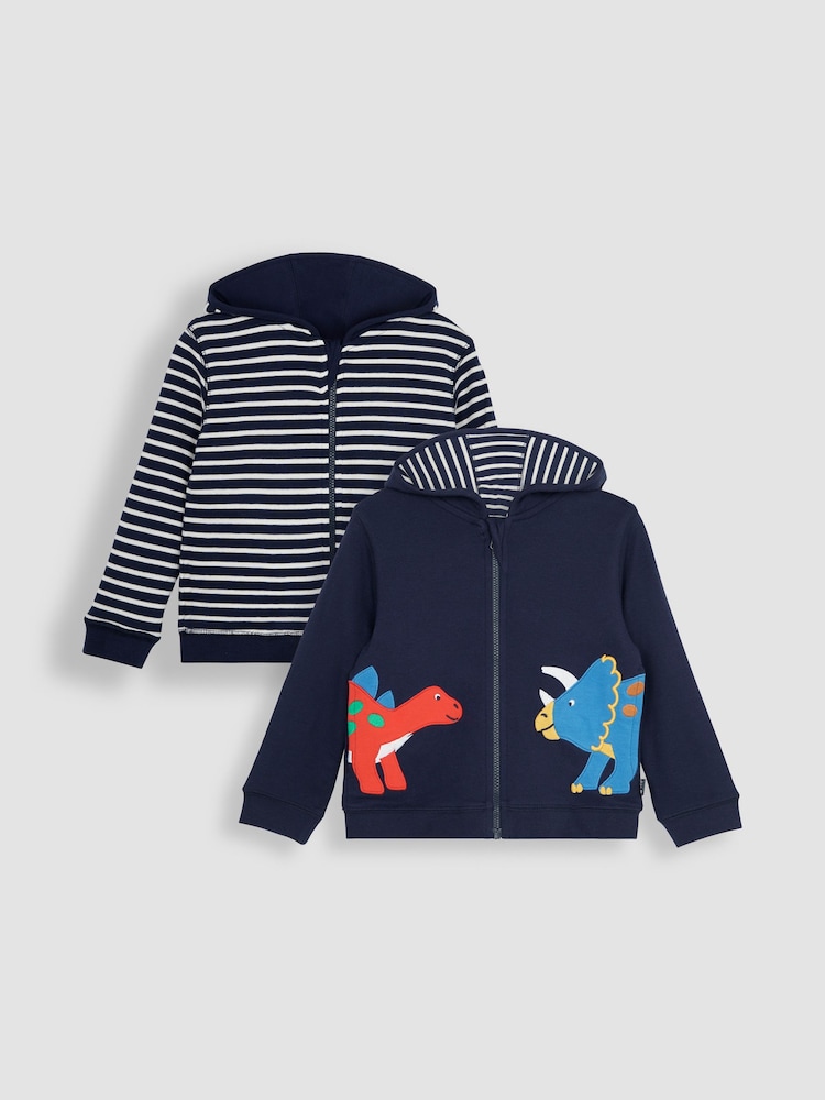 JoJo Maman Bébé Navy Blue Dino Appliqué Reversible Hoodie - Image 1 of 7