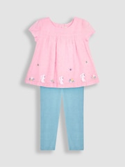 JoJo Maman Bébé Pink Bunny 2-Piece Appliqué Blouse & Leggings Set - Image 1 of 5