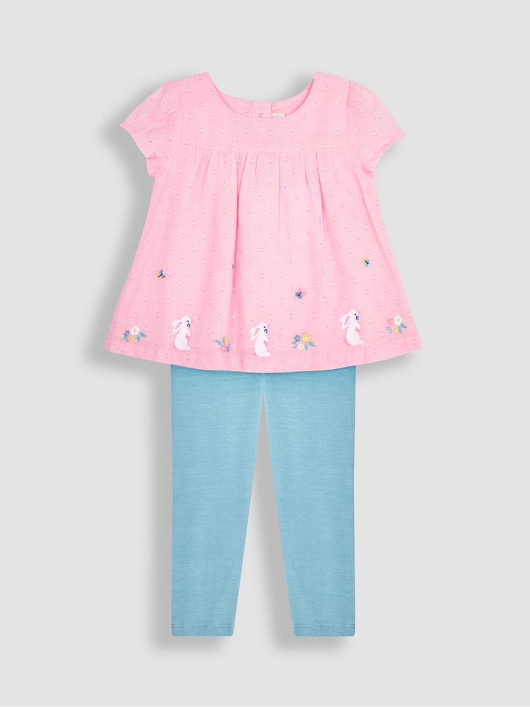 JoJo Maman Bébé Pink Bunny 2-Piece Appliqué Blouse & Leggings Set - Image 1 of 5