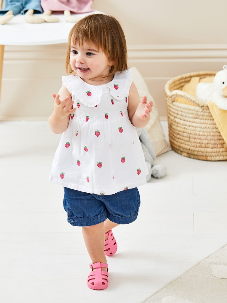 JoJo Maman Bébé White Strawberry Peter Pan Smocked Top - Image 1 of 5