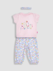 JoJo Maman Bébé Pink 3-Piece Mouse Crinkle Cotton Top & Trousers Set - Image 1 of 5