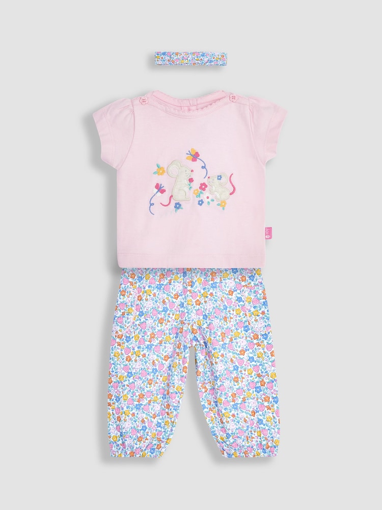 JoJo Maman Bébé Pink 3-Piece Mouse Crinkle Cotton Top & Trousers Set - Image 1 of 5