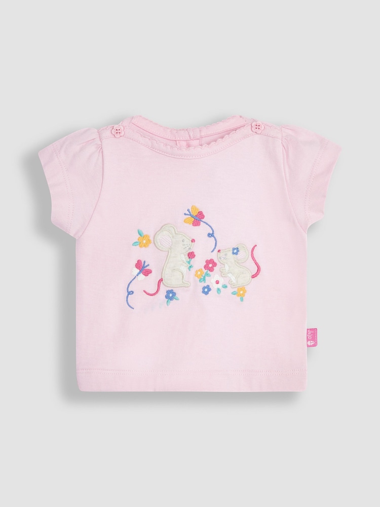 JoJo Maman Bébé Pink 3-Piece Mouse Crinkle Cotton Top & Trousers Set - Image 2 of 5