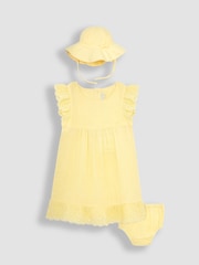JoJo Maman Bébé Yellow 2-Piece Broderie Cheesecloth Dress & Hat Set - Image 1 of 5