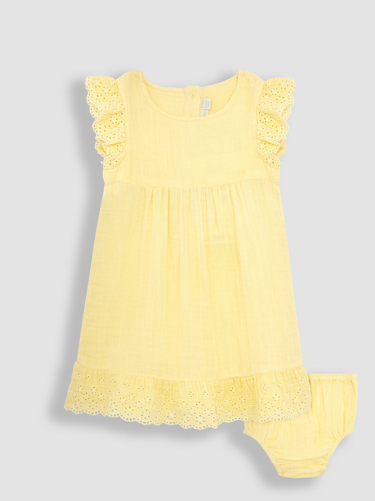 JoJo Maman Bébé Yellow 2-Piece Broderie Cheesecloth Dress & Hat Set - Image 2 of 5