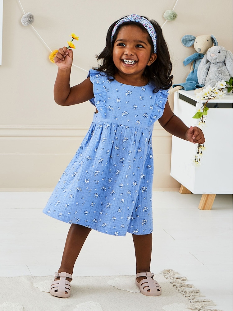 JoJo Maman Bébé Cornflower 2-Piece Floral Cheesecloth Ruffle Dress & Hat Set - Image 1 of 5