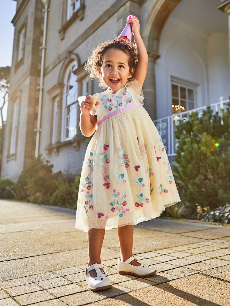 JoJo Maman Bébé Cream Strawberry Embroidered Tulle Pretty Party Dress - Image 2 of 6