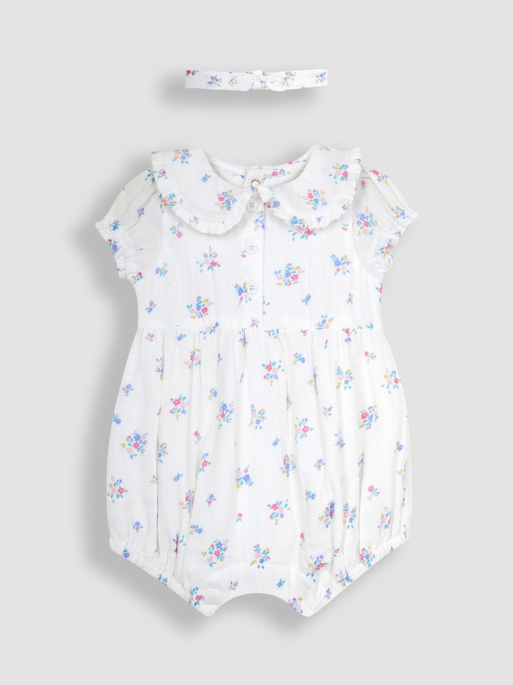 JoJo Maman Bébé Cream 2-Piece Floral Cheesecloth Romper & Headband Set - Image 1 of 5