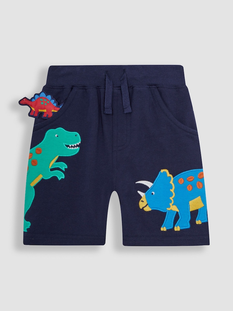JoJo Maman Bébé Navy Blue Dino Appliqué Pet in Pocket Shorts - Image 1 of 3
