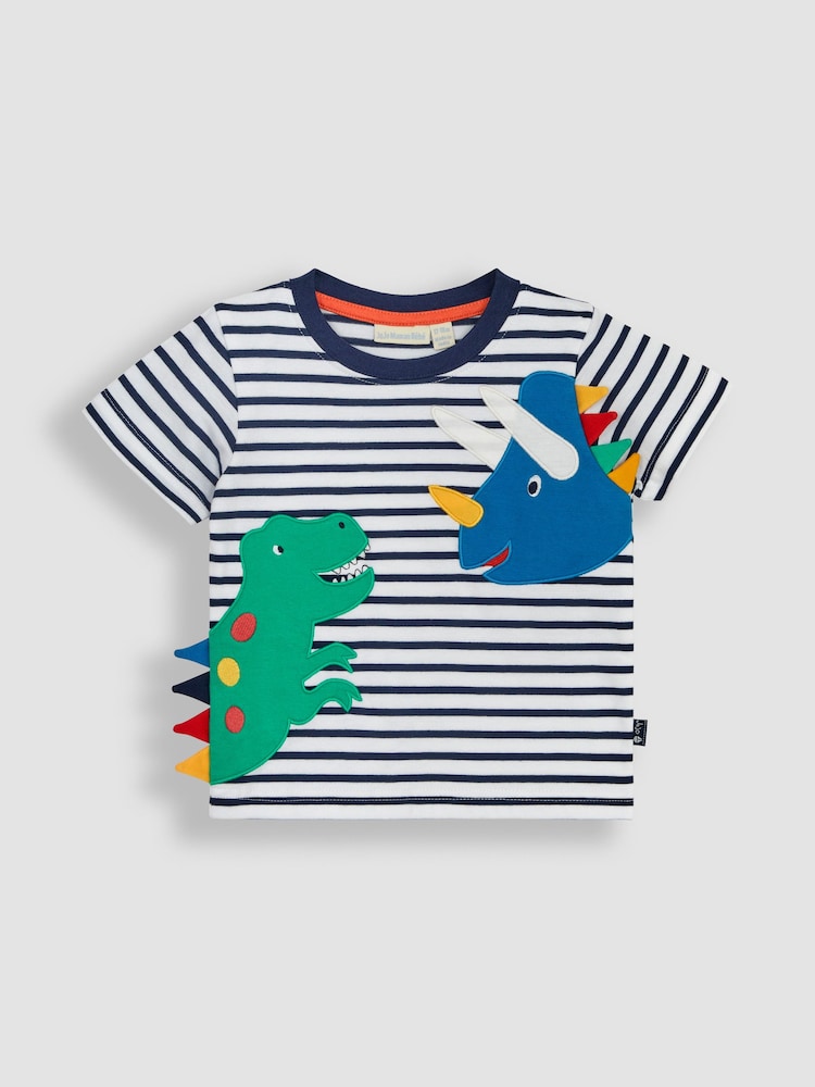 JoJo Maman Bébé White Navy Stripe Dino Novelty Appliqué T-Shirt - Image 1 of 4