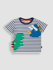 JoJo Maman Bébé White Navy Stripe Dino Novelty Appliqué T-Shirt - Image 2 of 4