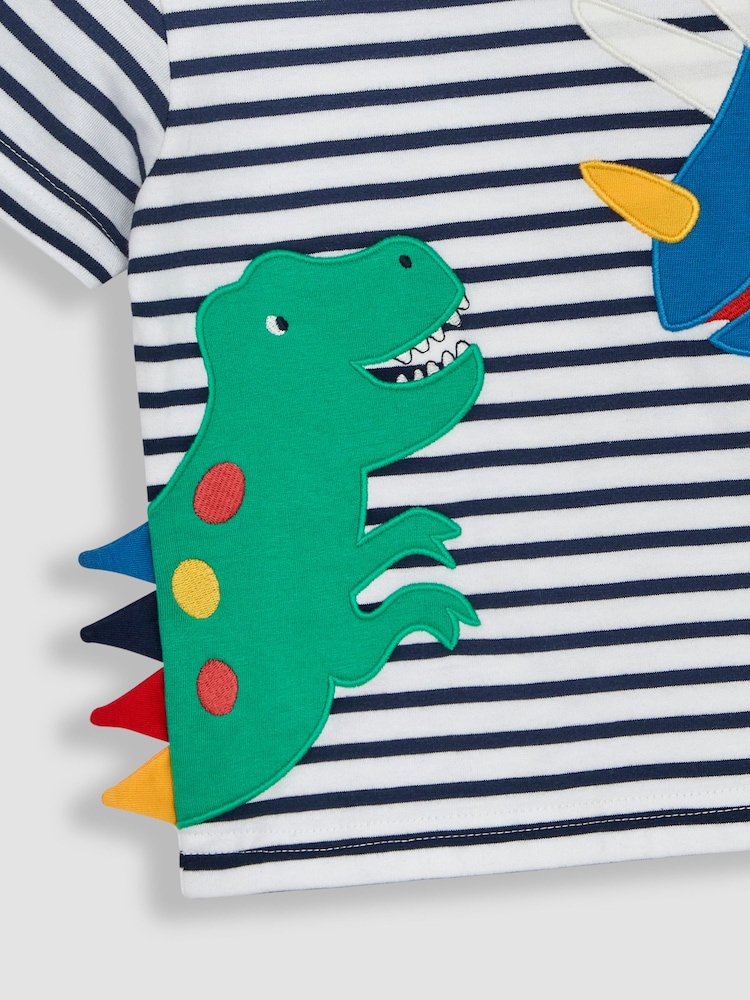JoJo Maman Bébé White Navy Stripe Dino Novelty Appliqué T-Shirt - Image 4 of 4