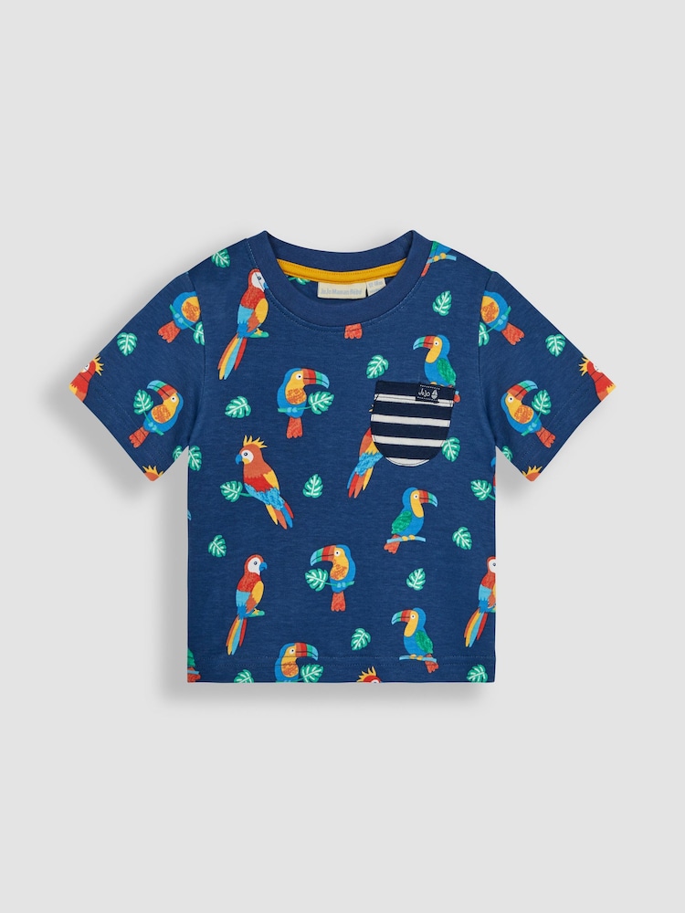JoJo Maman Bébé Navy Blue Tropical Birds Contrast Pocket T-Shirt - Image 1 of 3