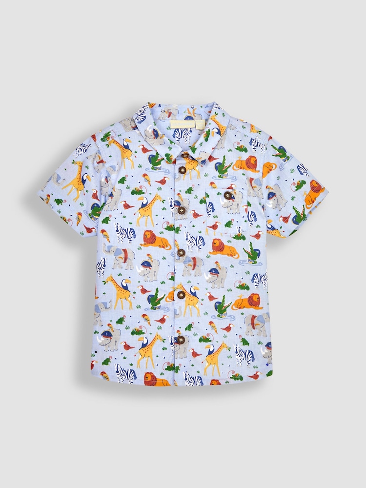 JoJo Maman Bébé Blue Safari Animals Safari Printed Short Sleeve Shirt - Image 1 of 3