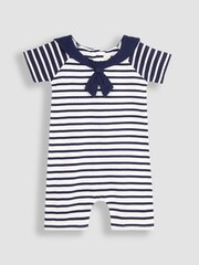 JoJo Maman Bébé White Navy Stripe Classic Breton Stripe Sailor Romper - Image 1 of 3