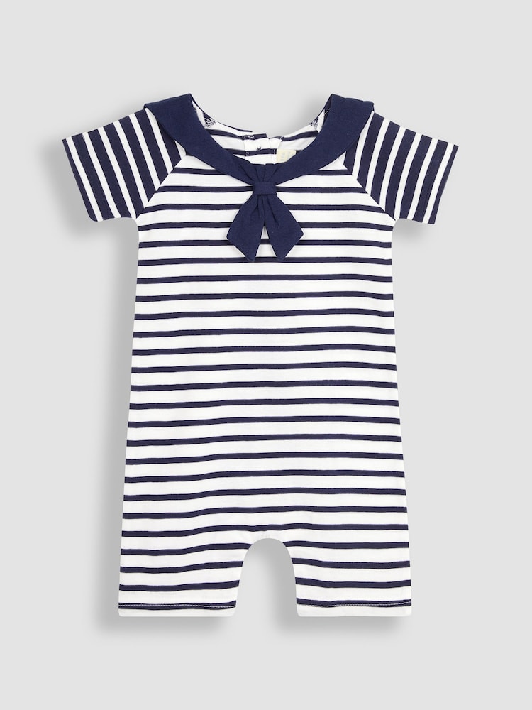 JoJo Maman Bébé White Navy Stripe Classic Breton Stripe Sailor Romper - Image 1 of 3