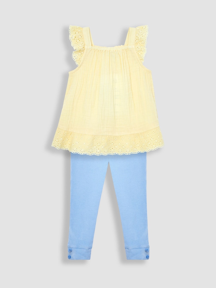 JoJo Maman Bébé Yellow 2-Piece Broderie Cheesecloth Top & Leggings Set - Image 1 of 5