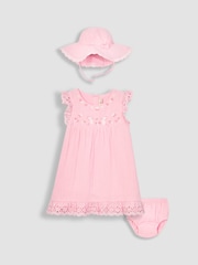 JoJo Maman Bébé Pink Mouse 2-Piece Broderie Cheesecloth Dress & Hat Set - Image 1 of 5