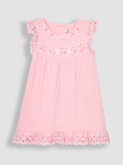 JoJo Maman Bébé Pink Mouse 2-Piece Broderie Cheesecloth Dress & Hat Set - Image 2 of 5